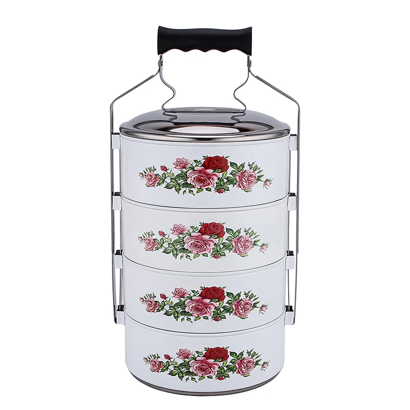 Multi Layer Bento Lunch Box Stackable Stainless Steel Round Lunch Box Leakproof  Print Food Container With Handle Tiffin Box