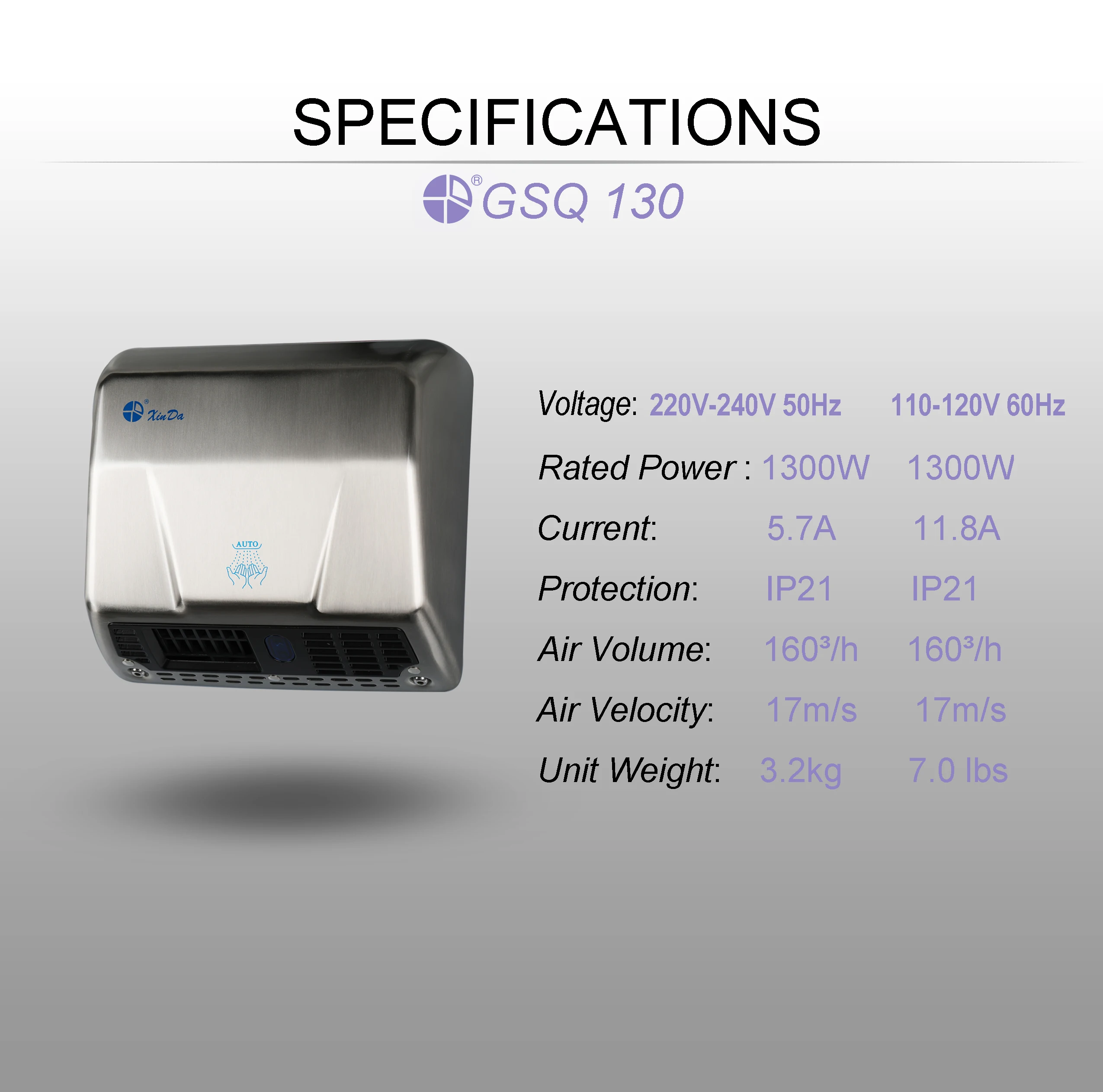 The XinDa GSQ130 Silver Muti color single jet hand dryer automatic induction battery operated hand dryer Hand Dryer