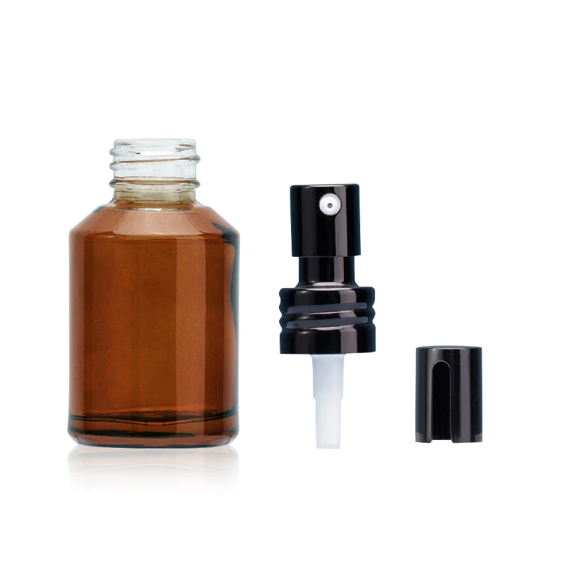 
luxury Minimum order allow black spray cap round shoulder 30ml green and brown plastic cosmetic pet bottle 