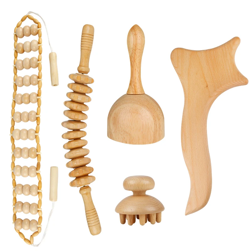 5 in 1  Hot Selling Wood Therapy Massage Tool  massage roller Body Guasha Set wood therapy massage tools