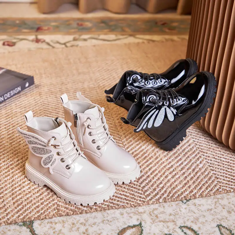 Girls Leather Boots Black White Short Boots Fashion Girls Children Leather Boots Big Pupil Hard Not Easily Deformed Shoes