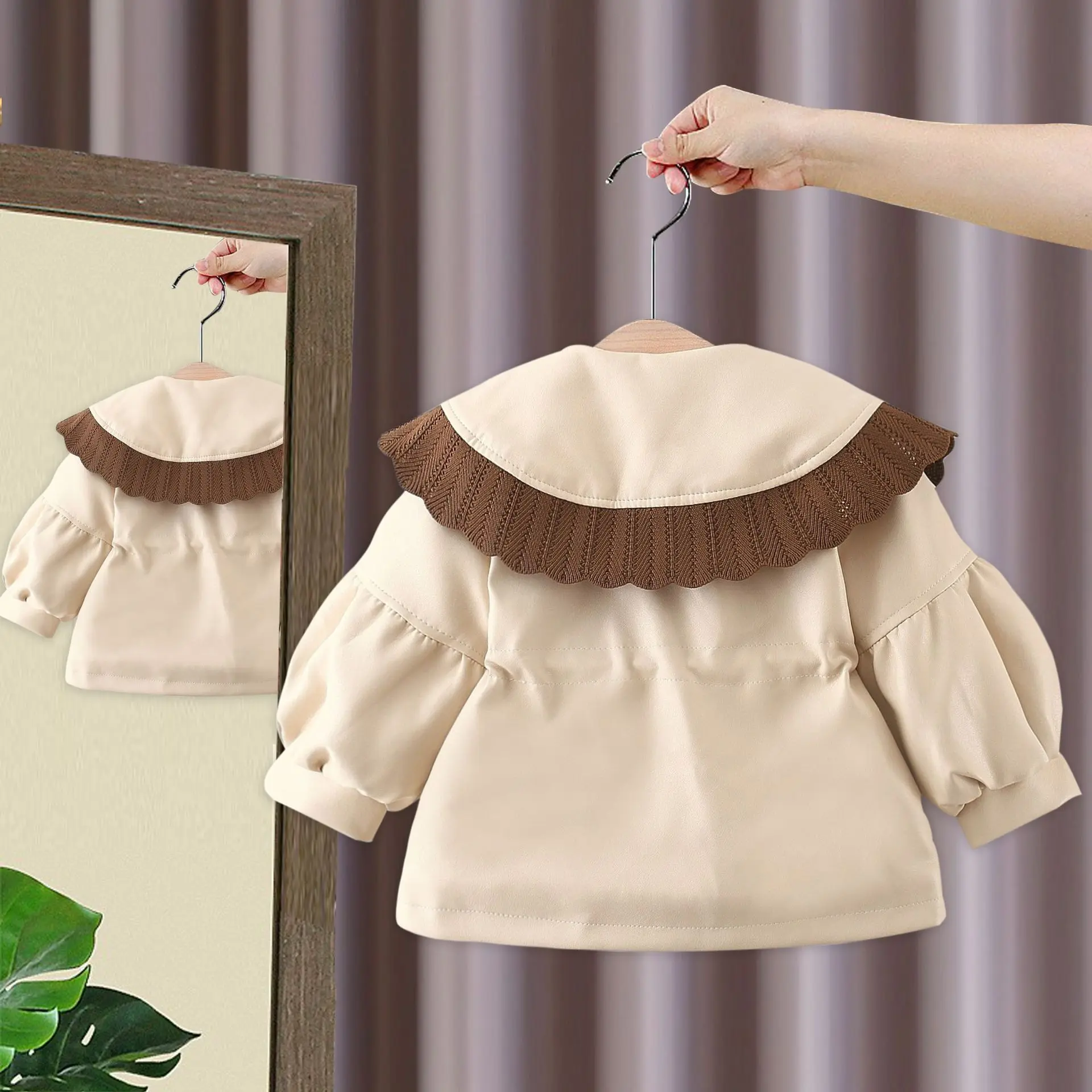 Autumn and Winter PU Leather Baby Girl windbreaker Cotton-padded Baby Thick Coat Lace Collar Windproof Coats Outwear