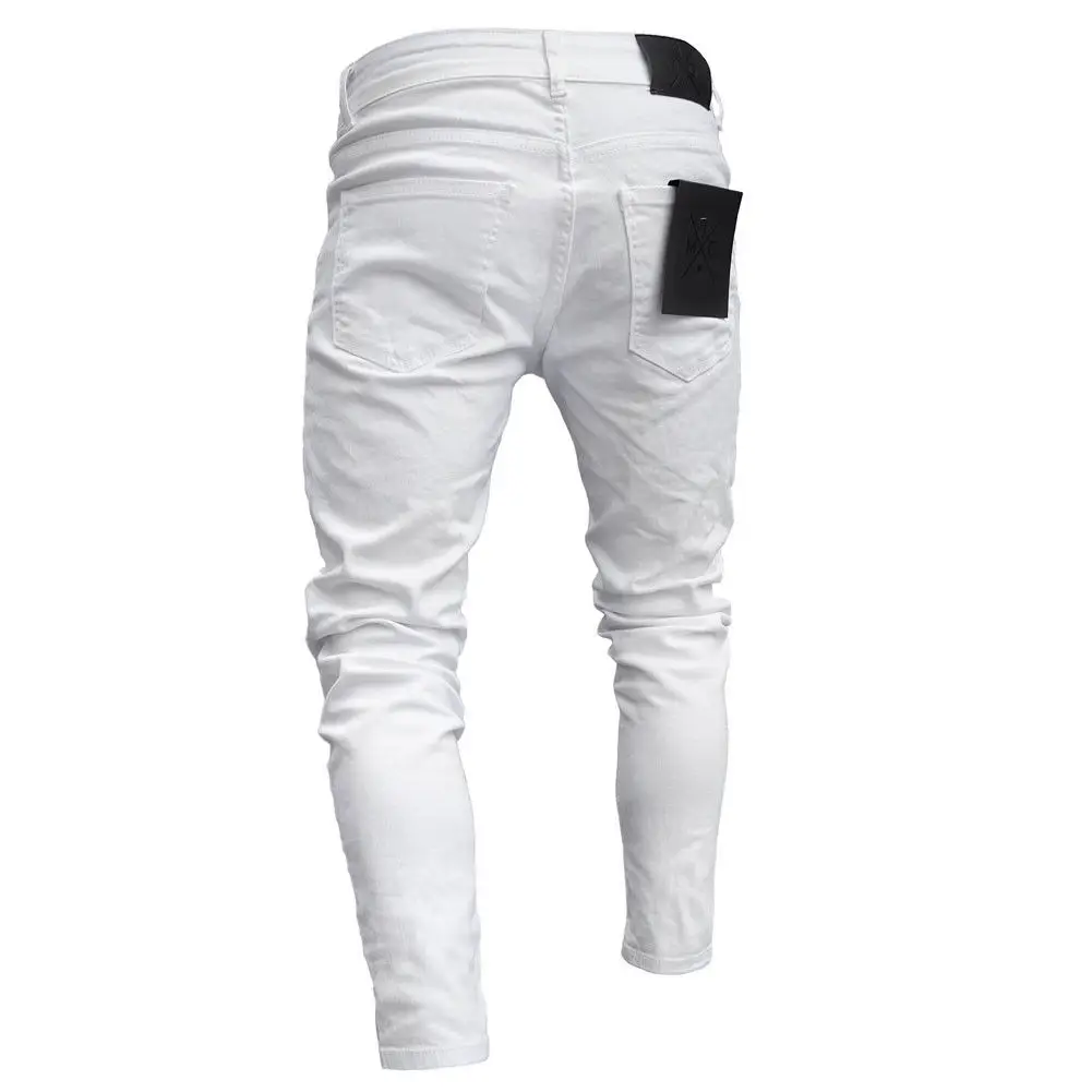  Уничтожена отверстие тесьмой Slim Fit джинсовые поцарапан высокого качества 3 вида стилей для мужчин эластичная рваные узкие байкерские с узором вышивкой и