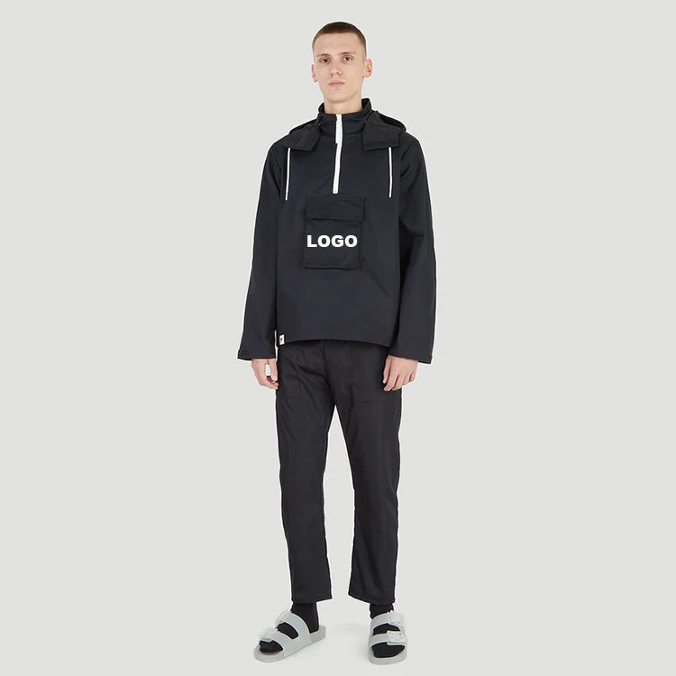 High Quality Custom 61%Cotton 39%Polyester Knitting Mens Stand Collar Anorak Pullover Jacket with Detachable Drawstring Hood