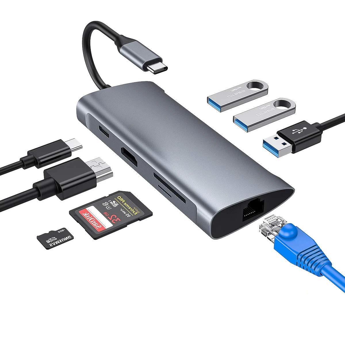
Raycue 8 in 1 Type C Adapter to TF/SD Card Reader 3*USB3.0 HD-MI USB C Hub 