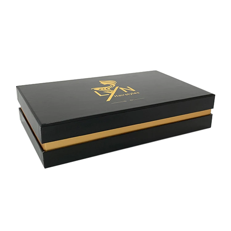 Wholesale Custom Cardboard Paper Box Two Pieces Style Glossy Wig Hair Extension Box with  Golden Satin Fabric Inside