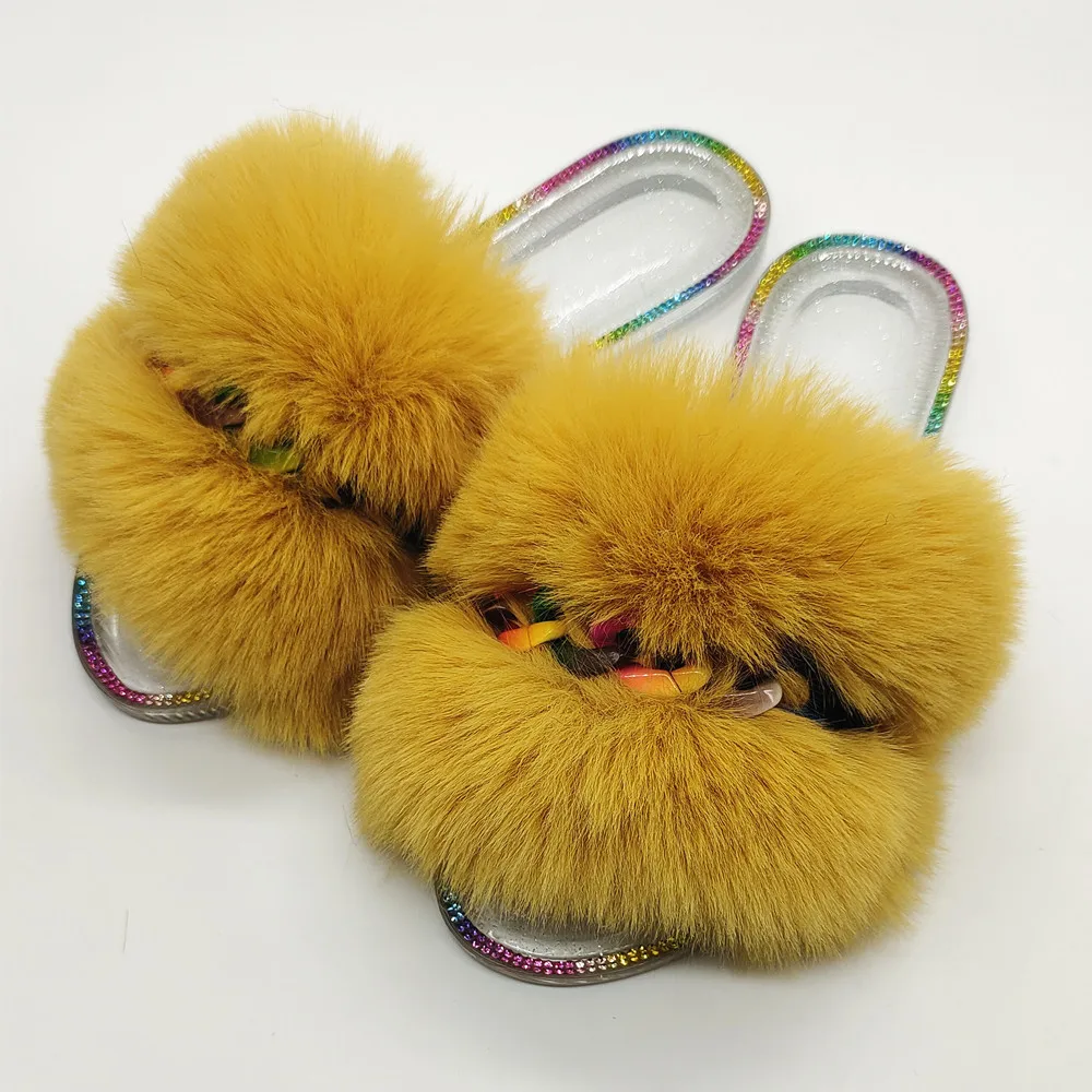 New style fur slippers diamond sequins imitation rabbit fur jelly open toe ladies casual home slippers ladies flat slipper