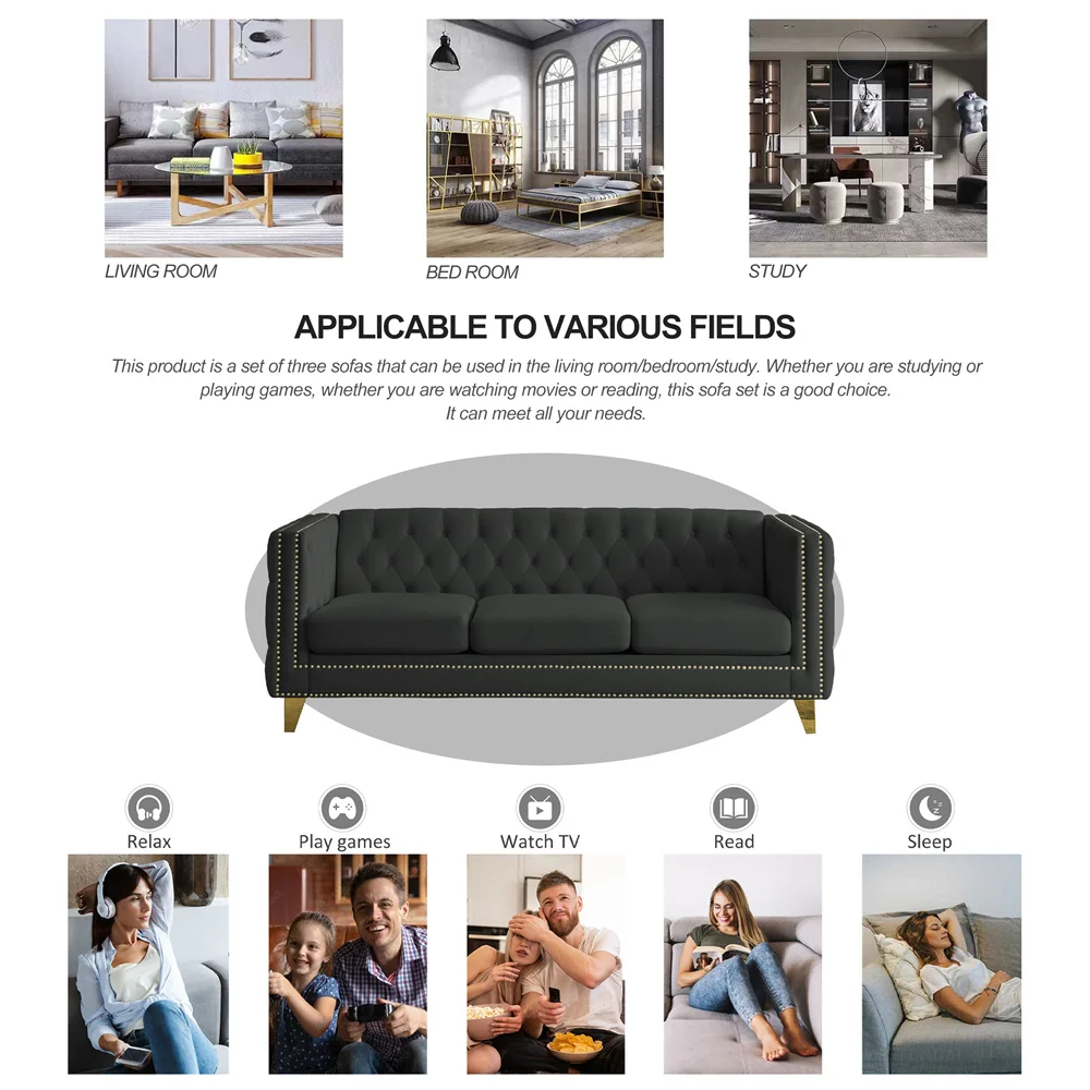 Traditional Retro Oversized 3 Deep Seat Chesterfield Sofa Black Velvet Upholstered Futon Tufted Couches with Button Nailhead