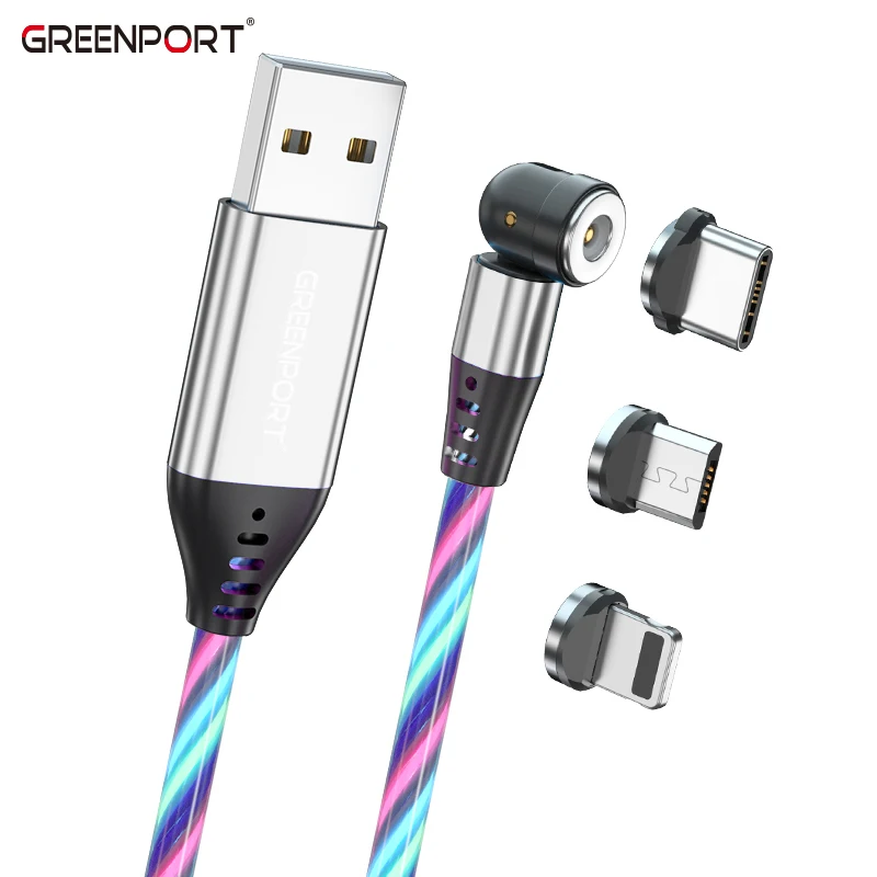 Оптовая продажа, большой запас, светящийся Магнитный зарядник зарядка 2.4A 540 градусов led движущаяся 3 в 1 usb Магнитный кабель для зарядки L-shape форме, благодаря чему создается ощущение невесомости с Кабельная линия