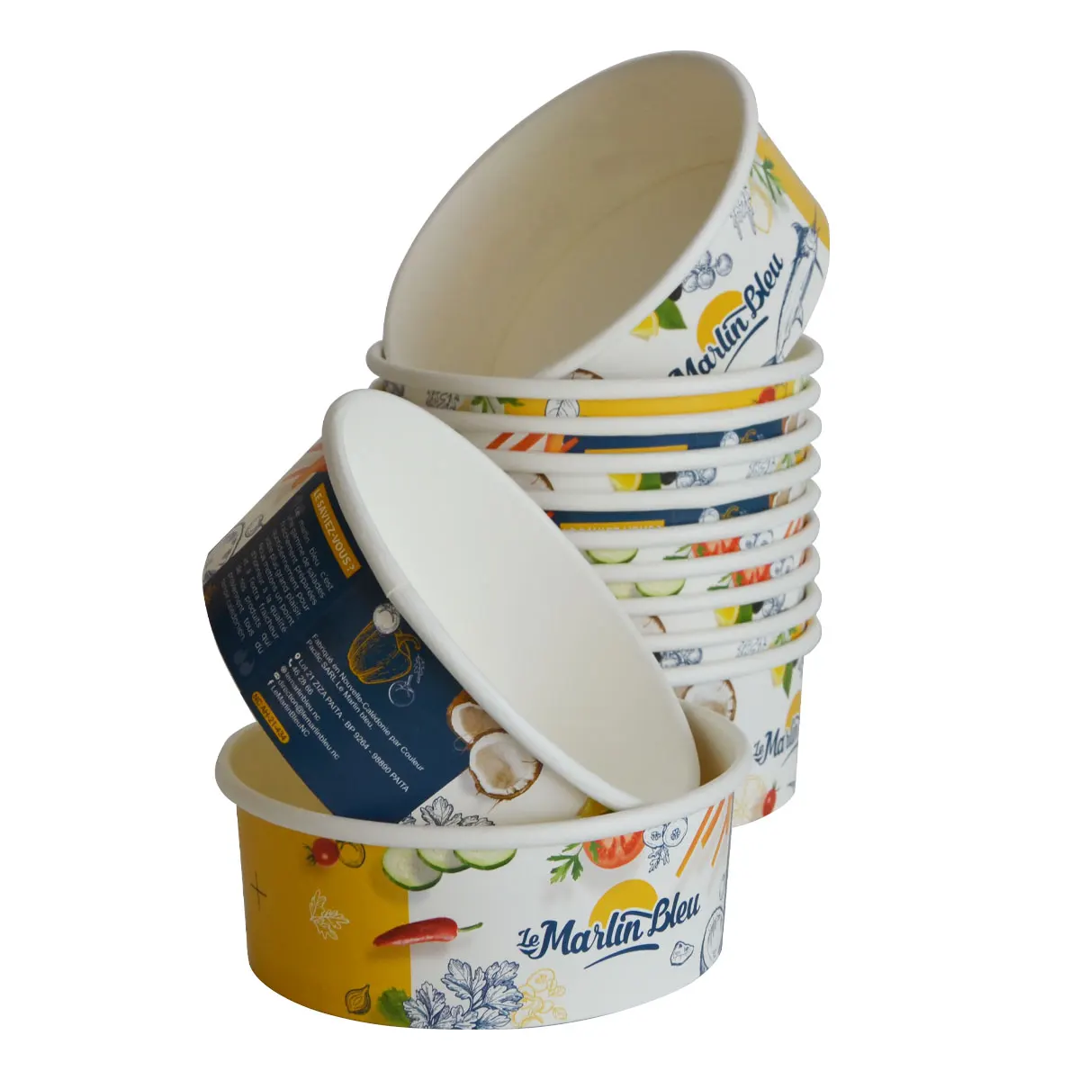 Heepack custom logo print 950ml 177x160x50mm white kraft paper salad bowls with pp lids disposable food containers