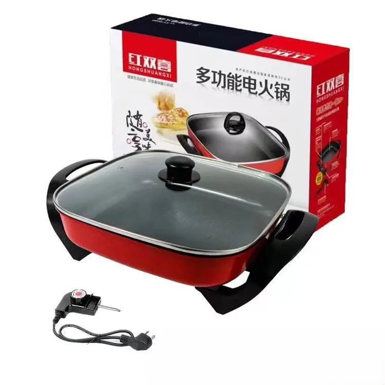 Aluminum Square Double handle Nonstick Wok Cookware Electric Hot Pot Frying Pan with Glass Lid