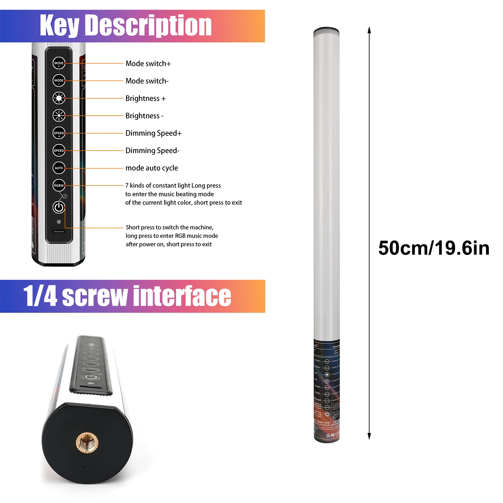 LUXCEO Mood 1 50cm 85cm 120cm T8 Tube Bar Light Portable USB Rechargeable Music Mode RGB Colored LED Video Light