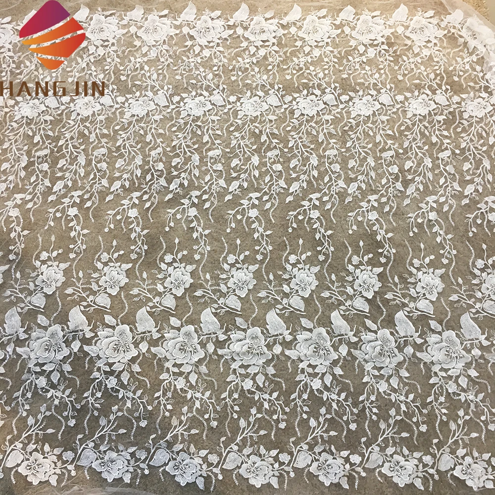 Ivory French White Embroidery Tulle Wedding Lace Fabric Fully Beaded Bridal Lace Fabric For Party Dress