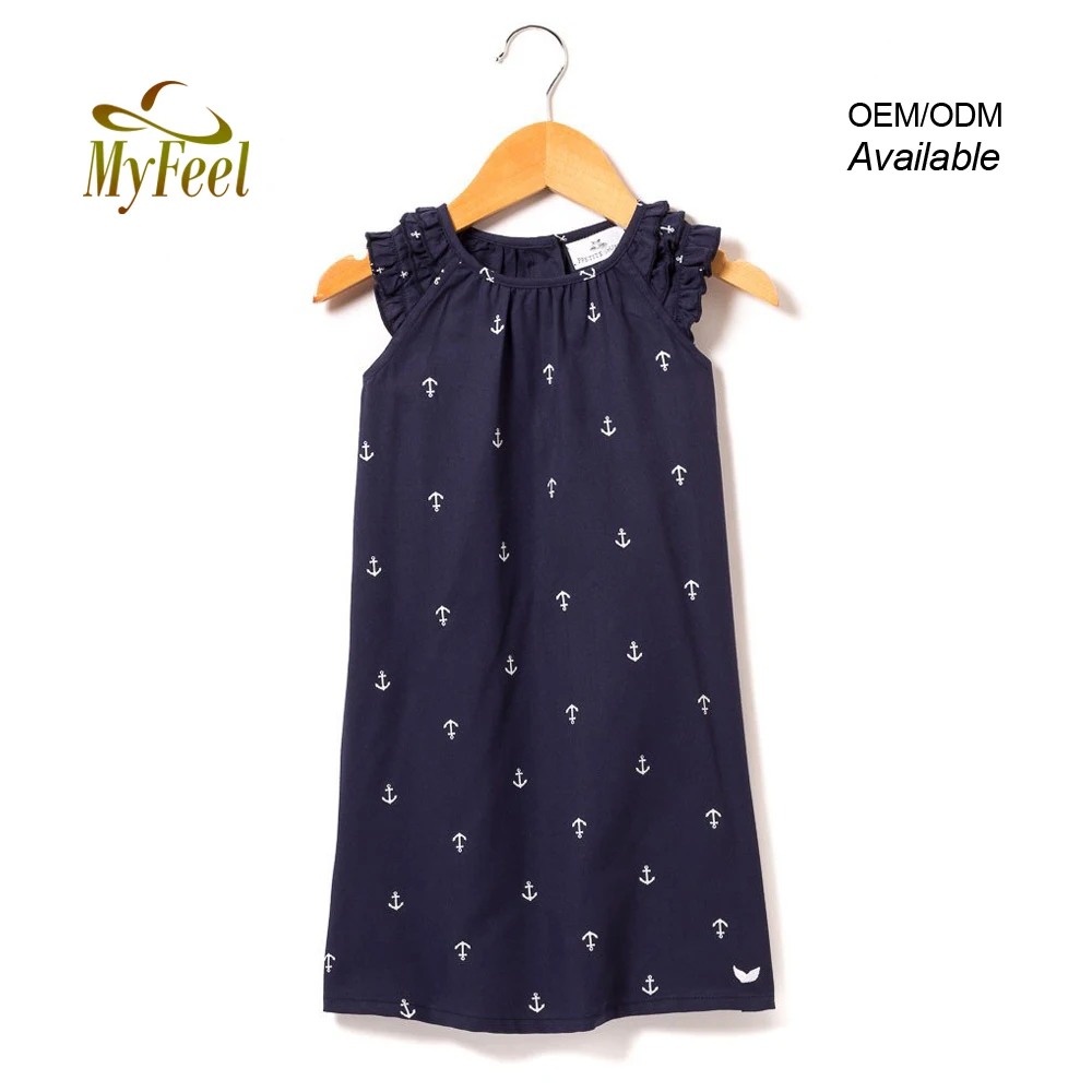 Manufacturer Customized Girls Kids Blue Sleepwear Pure Cotton Nightgown Pajama Kids with Anchor Printing