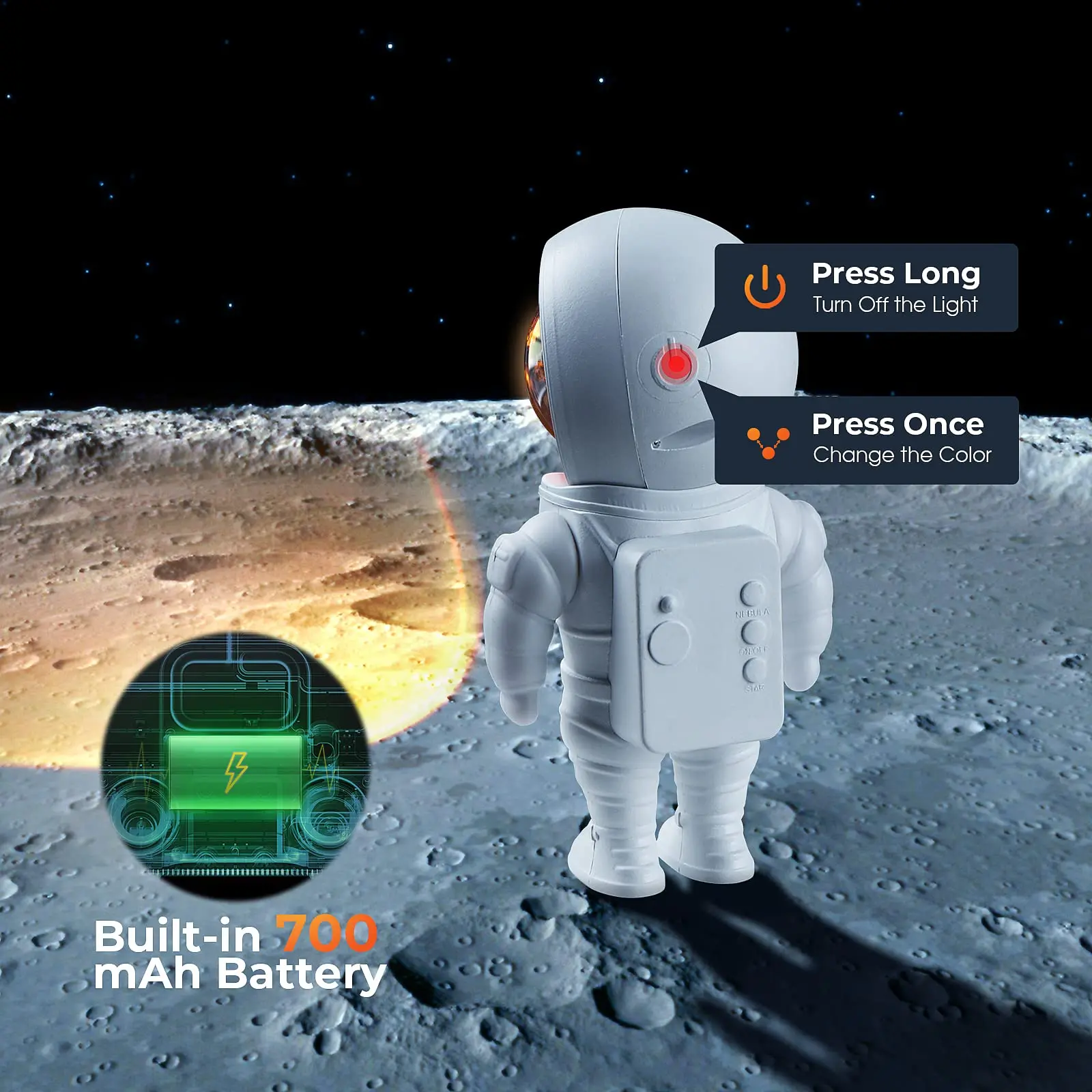 KSWING Astronaut Sunset Projector Night Light 7 Colors Mode & Built-in Battery Lights 360 Rotating Head Cosmonaut Lamp