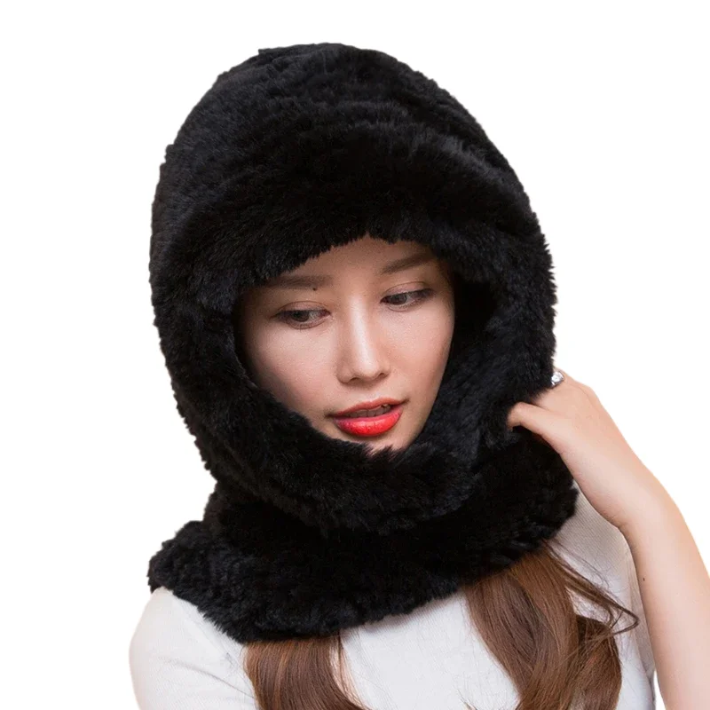 ZDFURS * 2021 new Women Real Knitted Rex Rabbit Fur Hat Hooded Scarf Long Winter Warm Fur Hat With Neck Collar Scarves hat scarf
