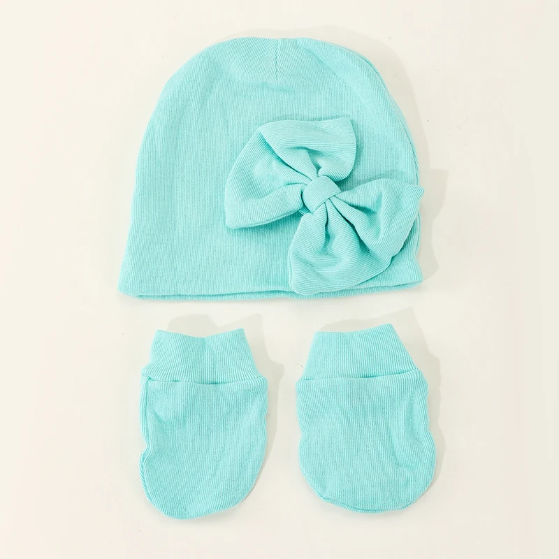 Wholesale Bow Boys Girls Cotton Newborn Babies Knit Soft Knitted Mittens New Baby Hat With Mittens Set