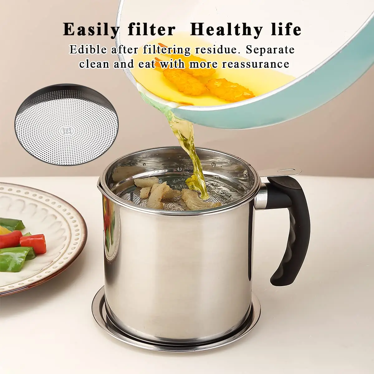 Kitchen Frying Oil Separator Filter Pot 18/8 SUS304 Oil Storage Cup Bacon Grease Container with Fine Mesh Strainer