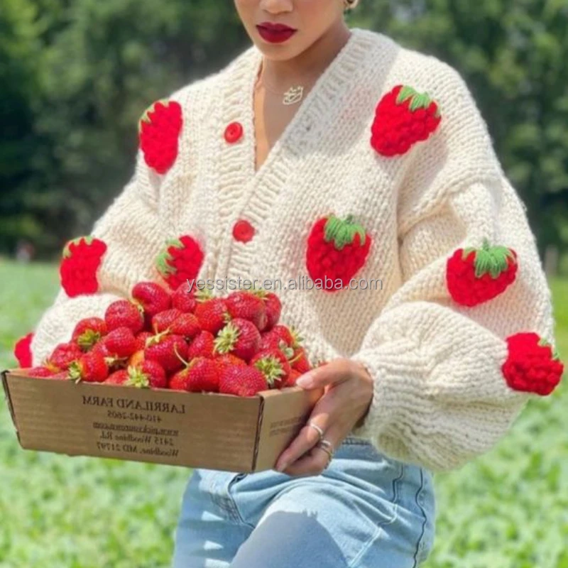 Wholesale Hand Knitted Cardigan Womens Winter Handmade Flower Chunky Sweater Coat Women Lantern Sleeve Sweater Cardigan