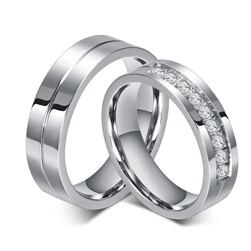 Simple Titanium Steel Wedding Silver Couple Gold Plated Engagement Diamond For Lovers Ring