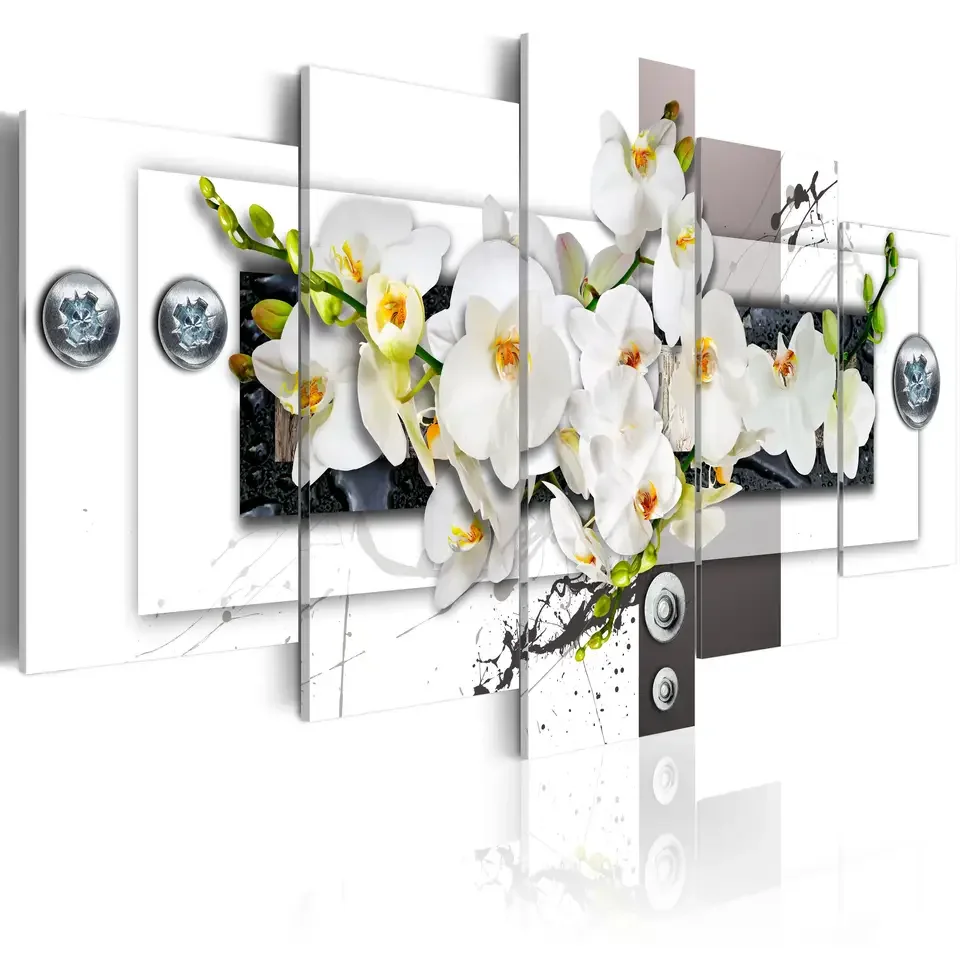 Yellow Orchid Flowers 5 panel Canvas Print - modern artwork picture Abstract Wall Art Painting Decor for Home living room Decor
