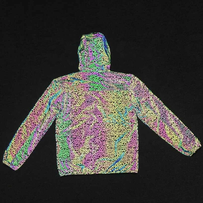 
Custom unisex holographic high visibility reflective jacket waterproof blank street wear windbreaker zipper rainbow reflective 