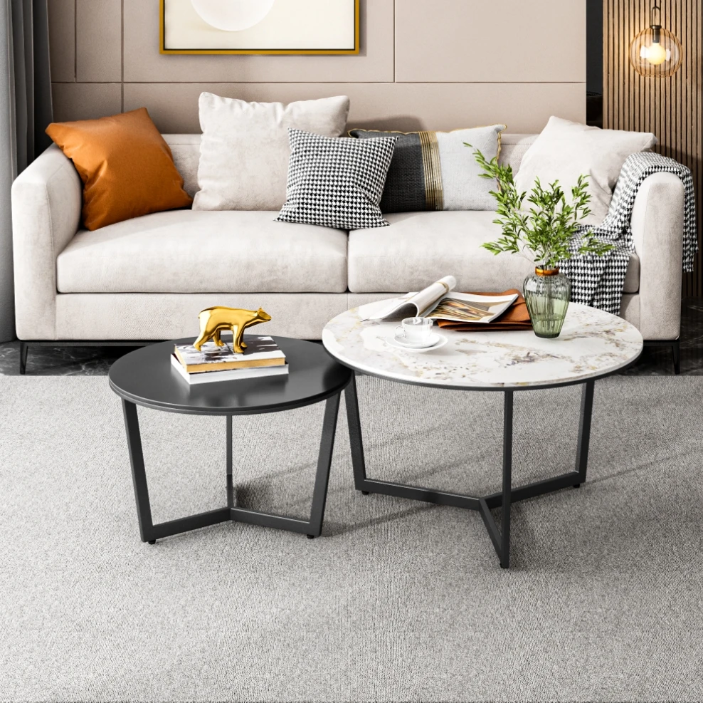 Set of 2 Nesting Round Shape Marble Table Top Tea Table Set Center Living Room Furniture Metal Frame Luxury Marble Coffee Table