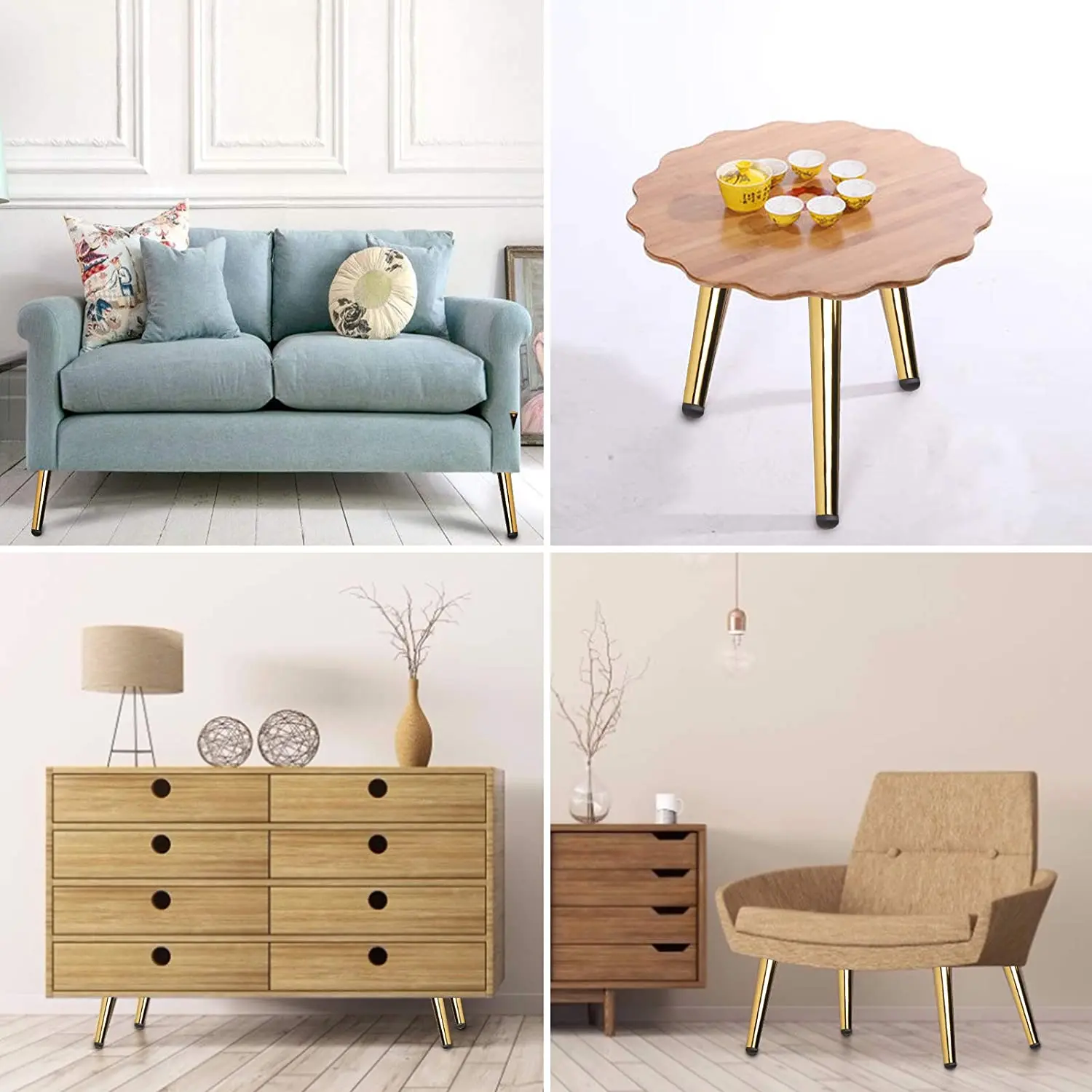 Coffee Table Couch Sofa Cabinet Chair Dresser Bed Desk 150mm 6 Inch Heavy Duty Beech Color Metal Slant Angled Tapered Legs