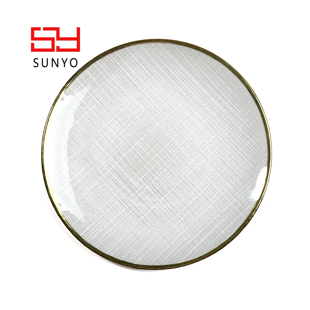 13 inch Hand Craft Customized Gold & Silver Rim Round White Dinner Salad Rhea Coupe Charger Glass Plate for Wedding Party Event