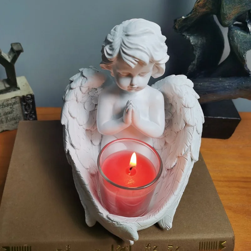 Nordic Style Statue Resin Cute Praying Resin Christmas Angel Tealight Candle Holder for Home Decoration