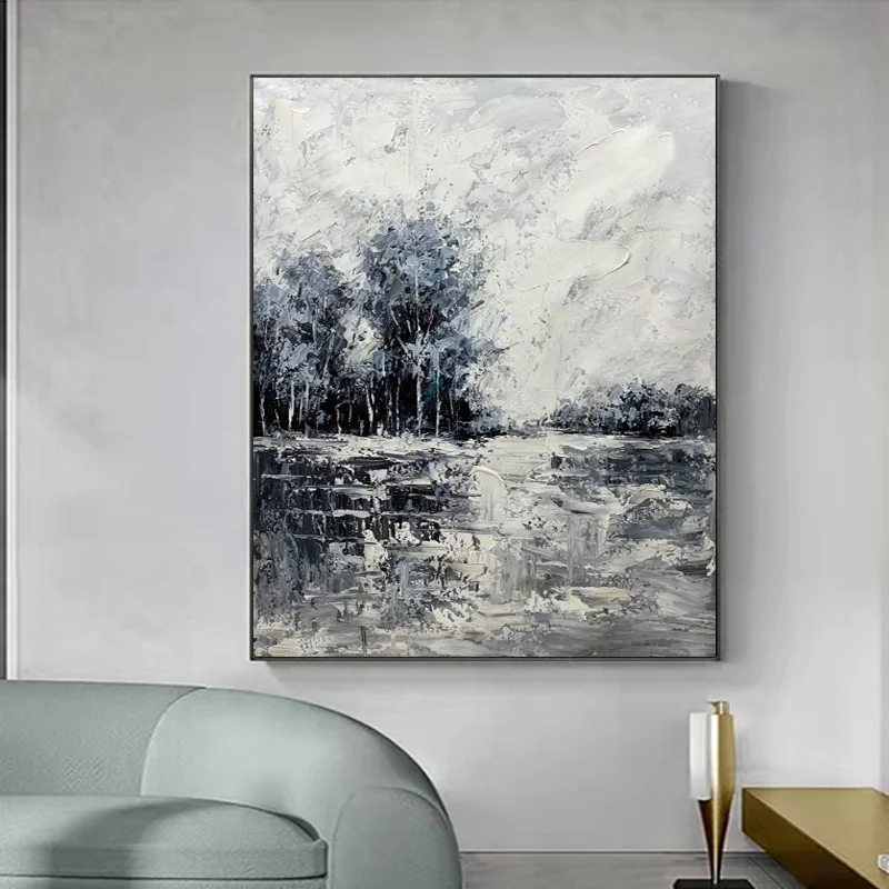 100% Handpainted High Quality Black and White Modern Landscape Canvas Painting for Home Decoration