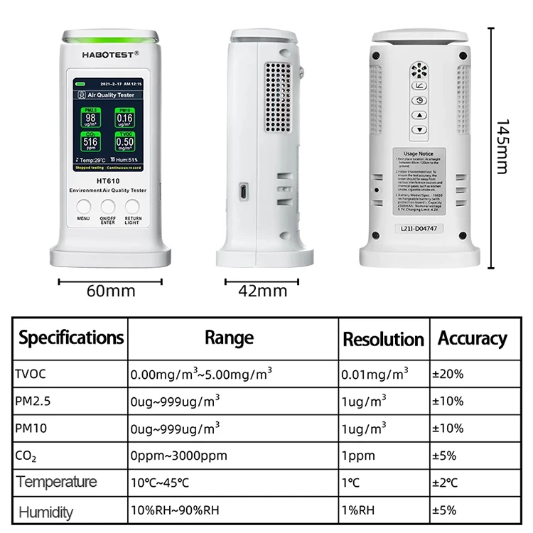 HABOTEST 6 в 1 Co2 PM2.5 PM10 VOCs детектор температуры и влажности для дома HT610 контроля качества воздуха