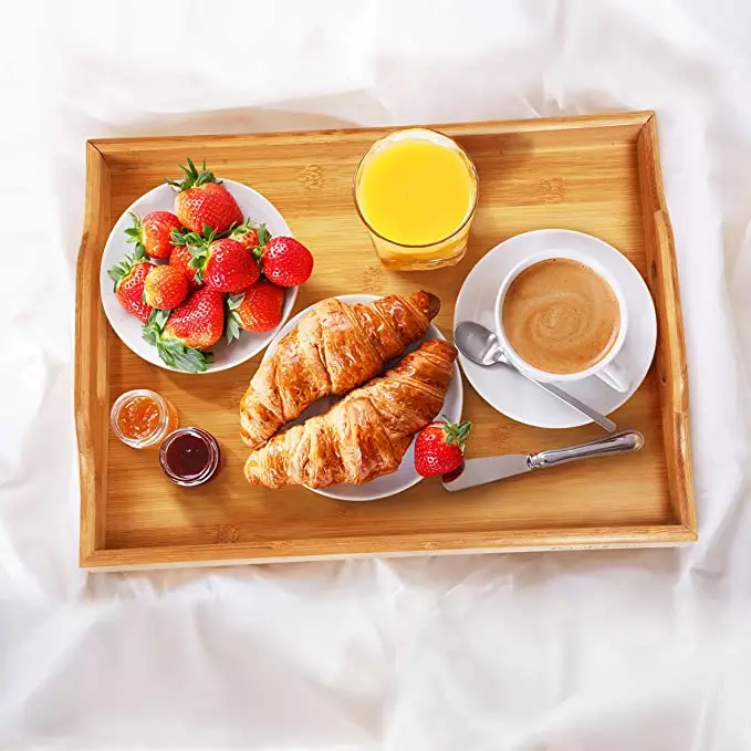 
Serving Tray with Handles - Wood Bamboo Trays for Food Breakfast Dinner Party,Tea Coffee Table Tray Set of 3 