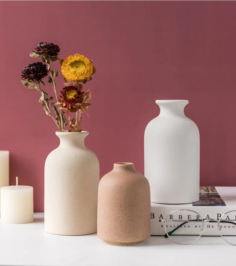 Nordic retro creative home furnishings cylinder bottle shape hydroponic container coarse pottery frosted ceramic vase
