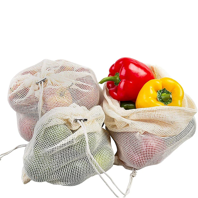 Hot Sale Eco Friendly Reusable 100% Organic Cotton Mesh Bag Shopping Grocery Mesh Net Bags For Vegetables and Fruits