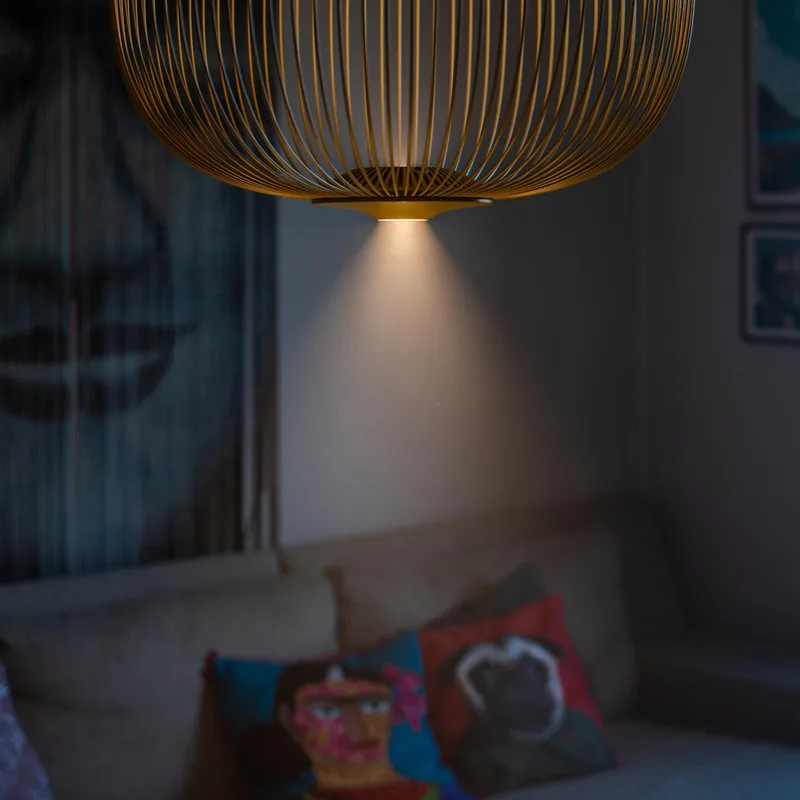 Simple Style Natural Material Birdcage Lampshade Iron Mesh Vintage Living Room Decorative Wicker Chandeliers Pendant Lights