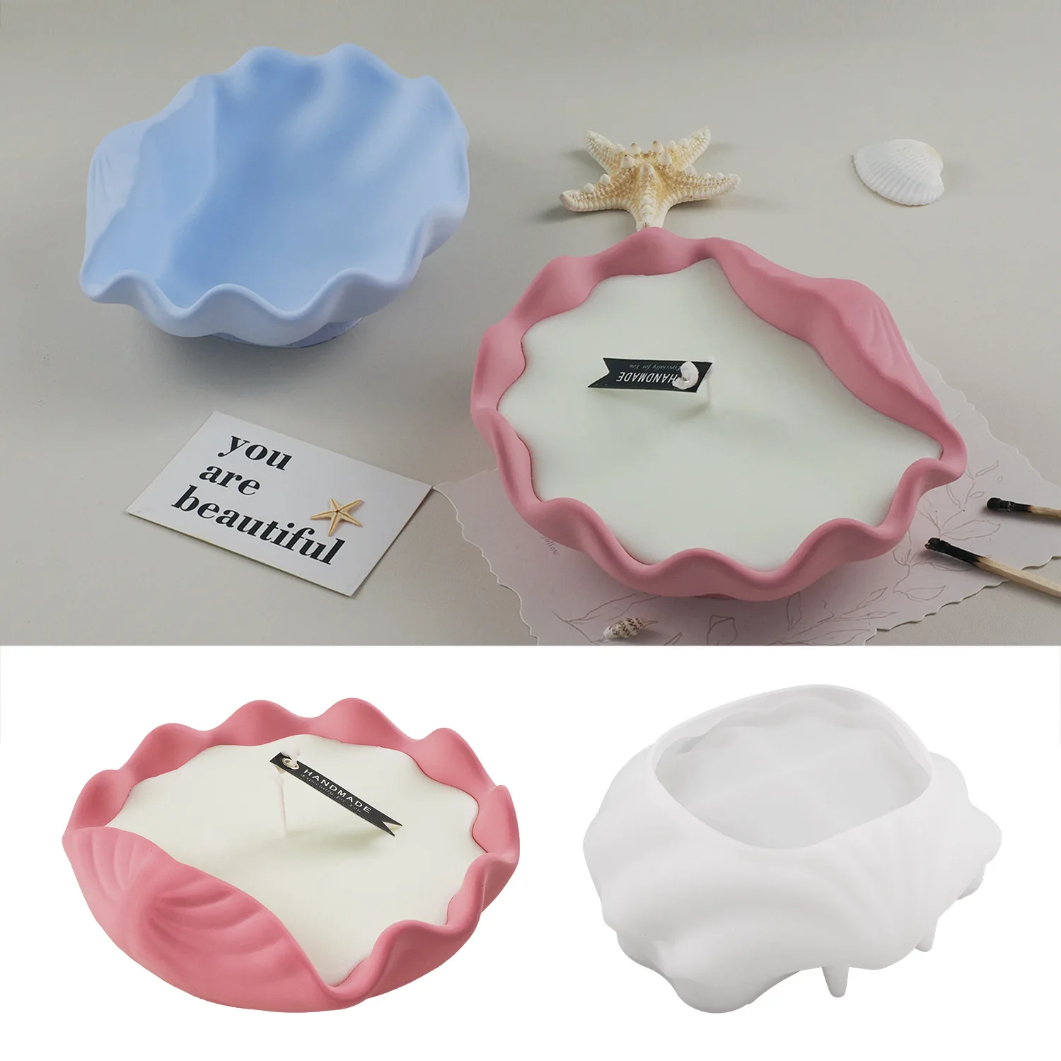 CARATTE New Conch Seashell Cement Plaster Jesmonite Dish Tray Mold Concrete Candle Vessel Silicone Mold