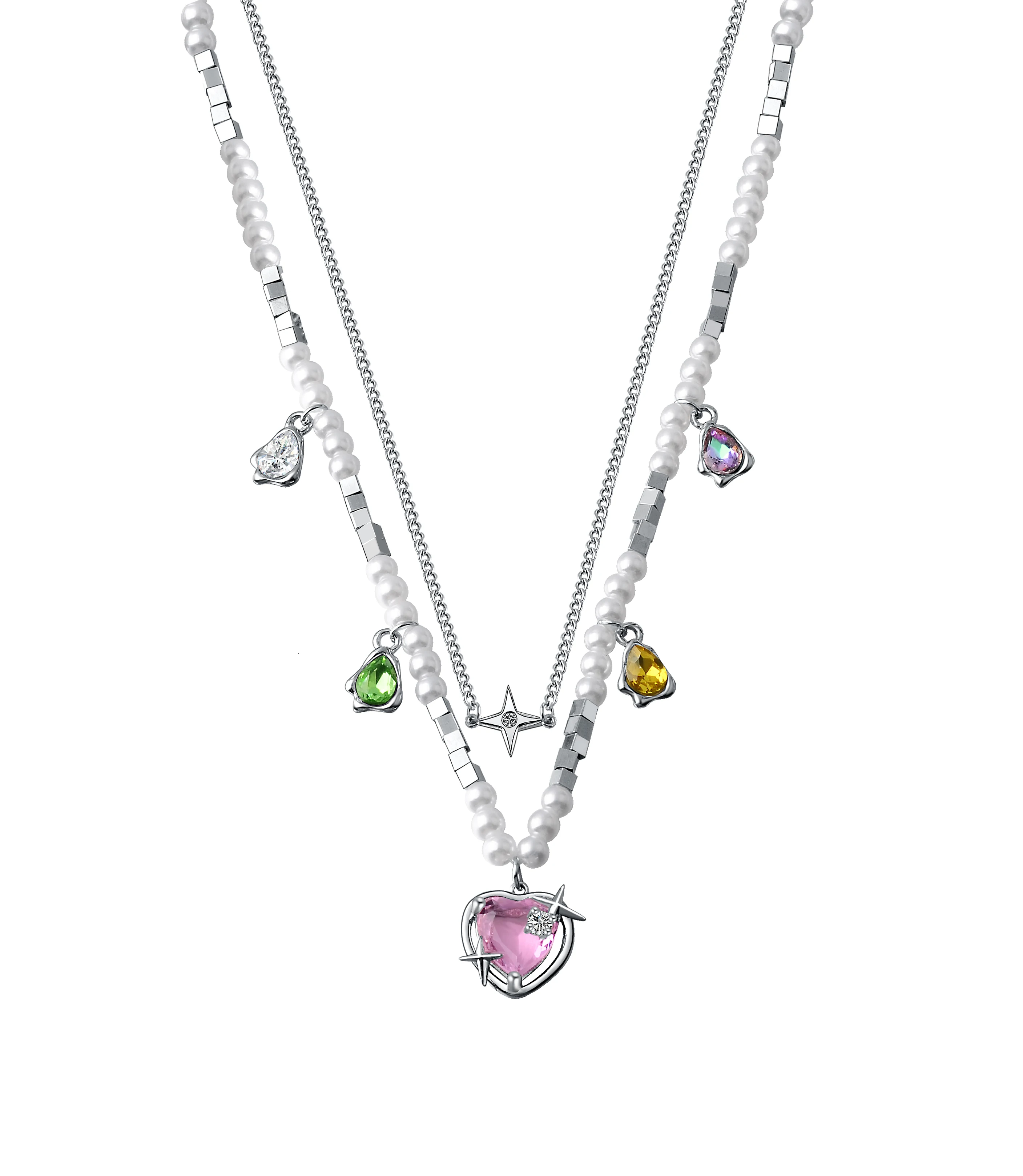 Ins Personalized Novelty Pearl double chain Colored stone heart-shaped Pendant Necklace Hip hop jewelry