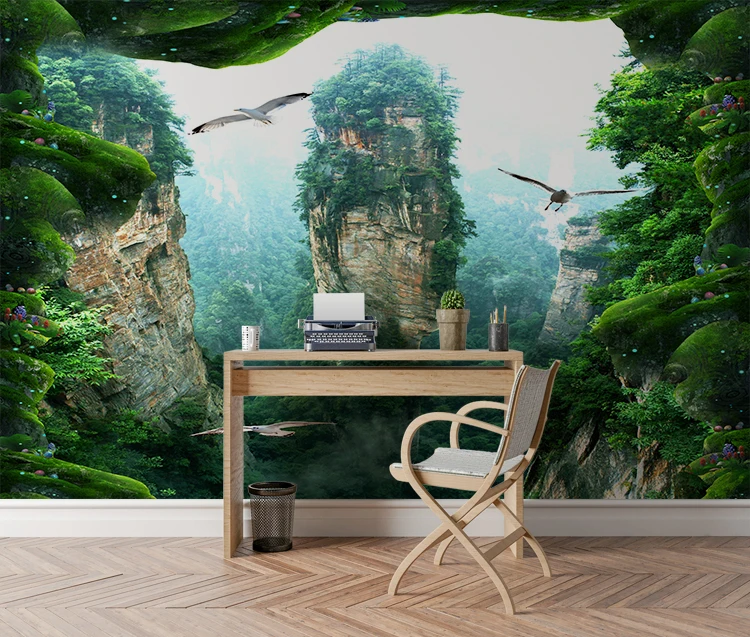 Green Tree Landscape Wall Mural Mountain Canyon Scenery Wallpaper Home Decoration 3d