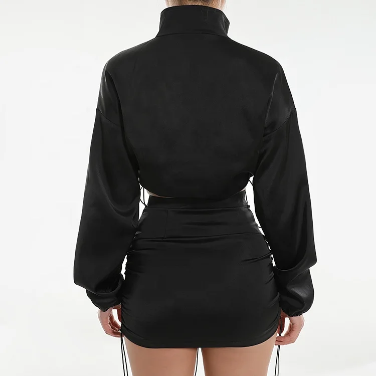 Long Sleeve Crop Tops Outfits Black Mini Short Sexy Wrap Satin Skirts Plus Size Sexy Women Skirt Two Piece Sets