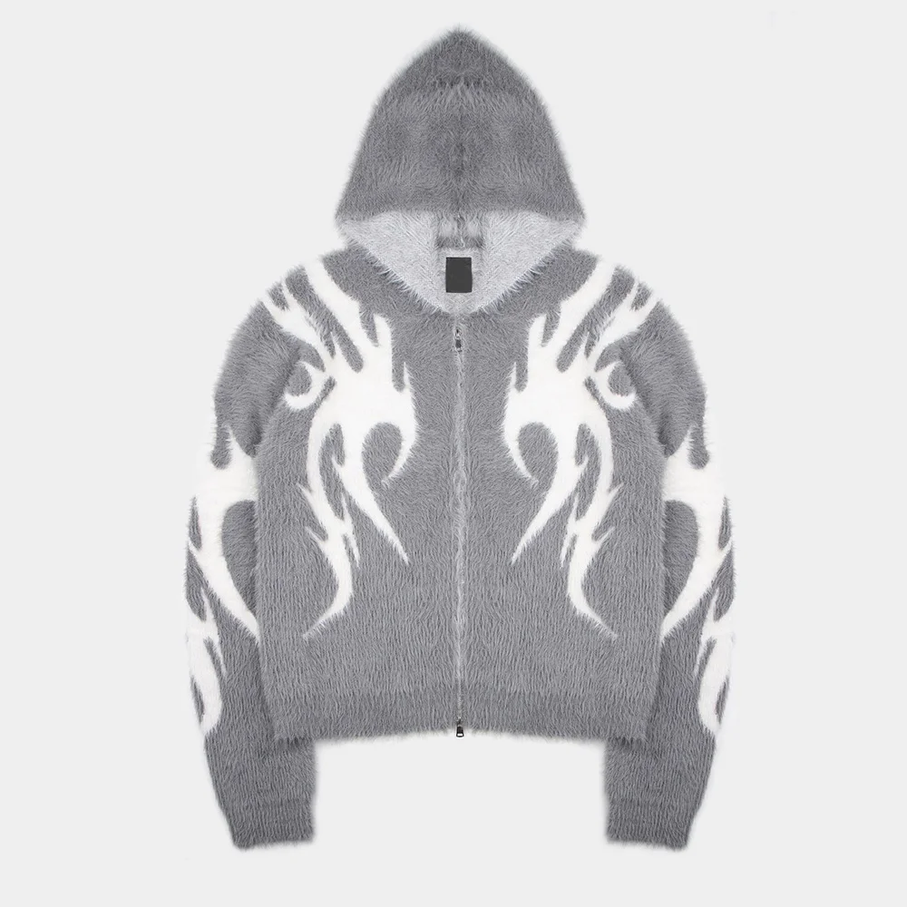 Custom Design Mohair Zip Hoodie Men Winter Knit Fuzzy Fluffy cardigan Oversized Knitwear Sweater Jacquard Mohair Hoodie Jacket