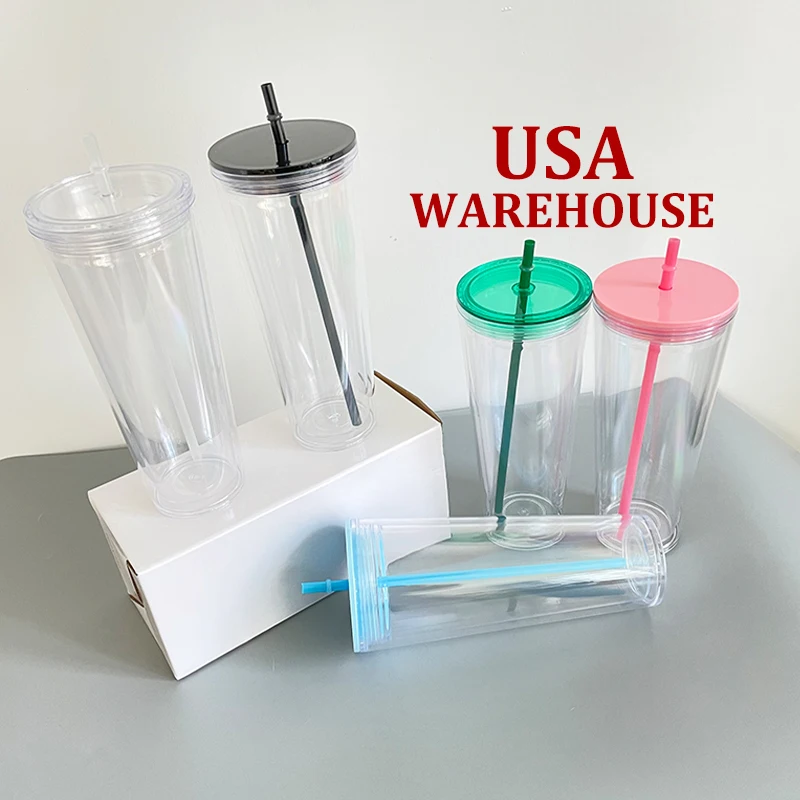 Double Walled Insulated Plastic US Warehouse Pre-drilled Blank 24oz Snow Globe clear Acrylic Tumblers with Lids and Straws