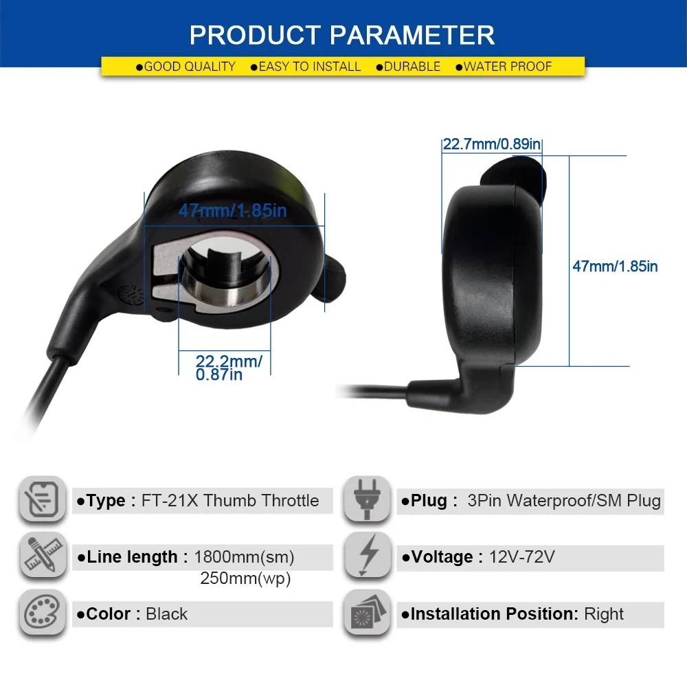 Ebike Thumb Throttle WUXING FT21X Throttle 24V 36V 48V 60V 72V Electric Bicycle Scooter Conversion Kit 3 Pin Waterproof SM Plug