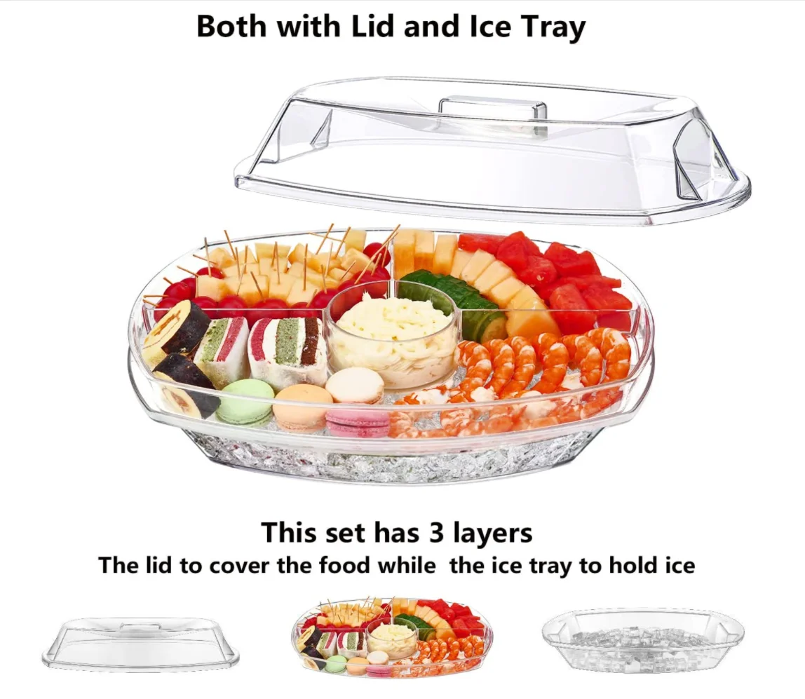 Simply InStyle Appetizer Serving Tray on Ice with Lid, 3 Layers 15 Inch Party Platter with 4 Compartments,Ice Chilled Tray