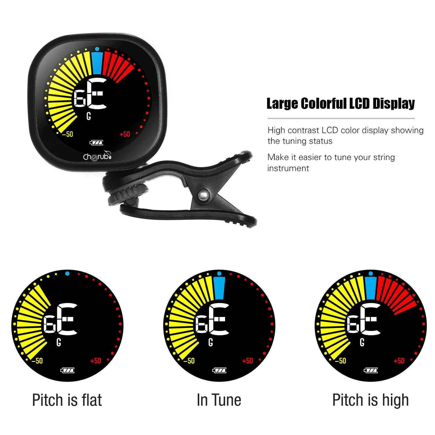 Cherub WST-670 Rechargeable Clip-on Guitar Tuner with LCD Color Display