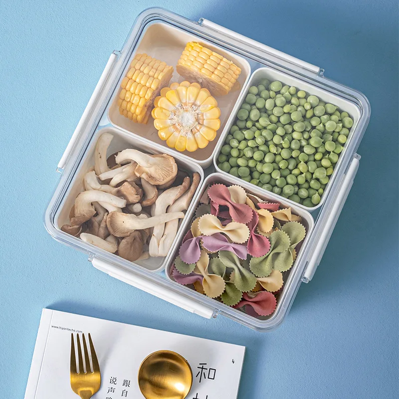 Household Kitchen Refrigerator Preservation Four Grids Transparent Airtight Food Container Set Vegetable Storage Box With Lid