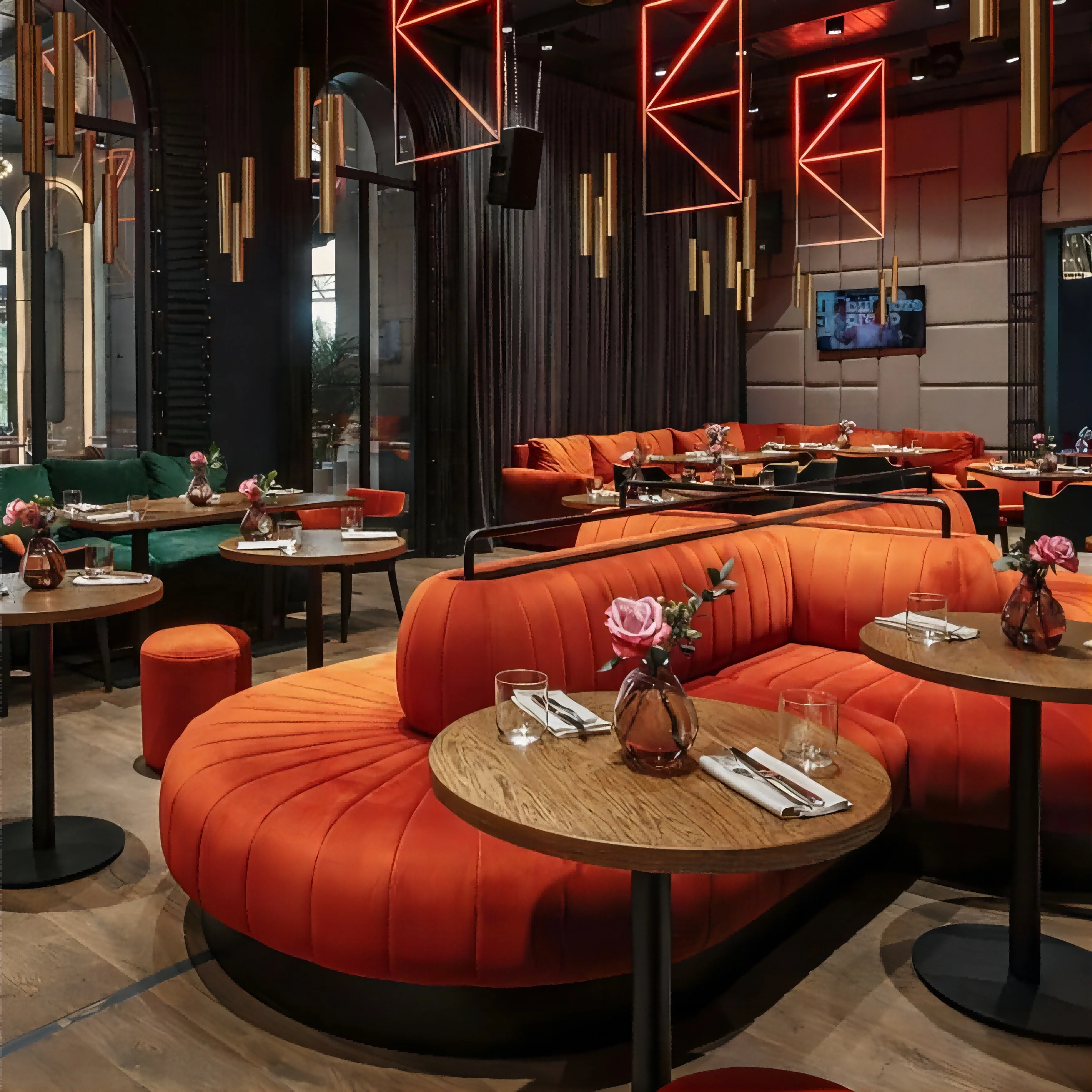 2024 Light Luxury Restaurant Cafe Furniture Set All Orange Velvet Long Couch Sofa for Booth