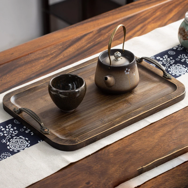 Large Round Black Walnut Wood Ottoman Tray with Handles, Serve Tea, Coffee, Classic Wooden Circular Decorative Serving Tray