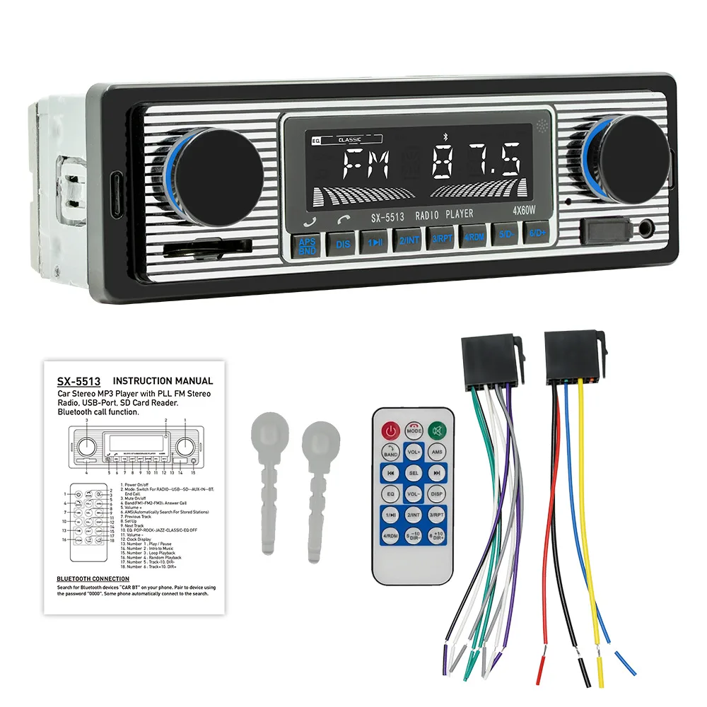 5513 Classic Vintage Car Stereo Player Autoradio MP3 AUX USB SD Bluetooth Hands-Free 12V Speaker Radio Tuner APE Audio Format