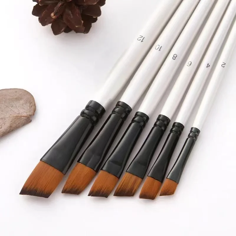 6pcs Pearl White Barrel Nylon Oil Brush Round Flat Hair Shape With Wood Handle Painting Brush Wholesale